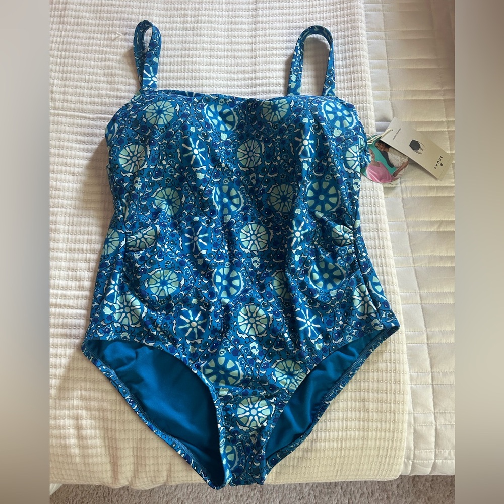 RHODE Blue and White One Piece Swimsuit with Adjustable Straps